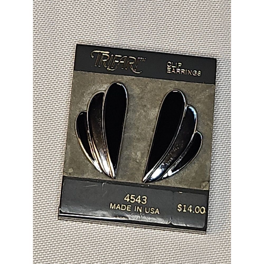 Vintage Trifari Clip-On FAN EARRINGS Teardrop Black & Silver 80s New Old Stock - Picture 3 of 7